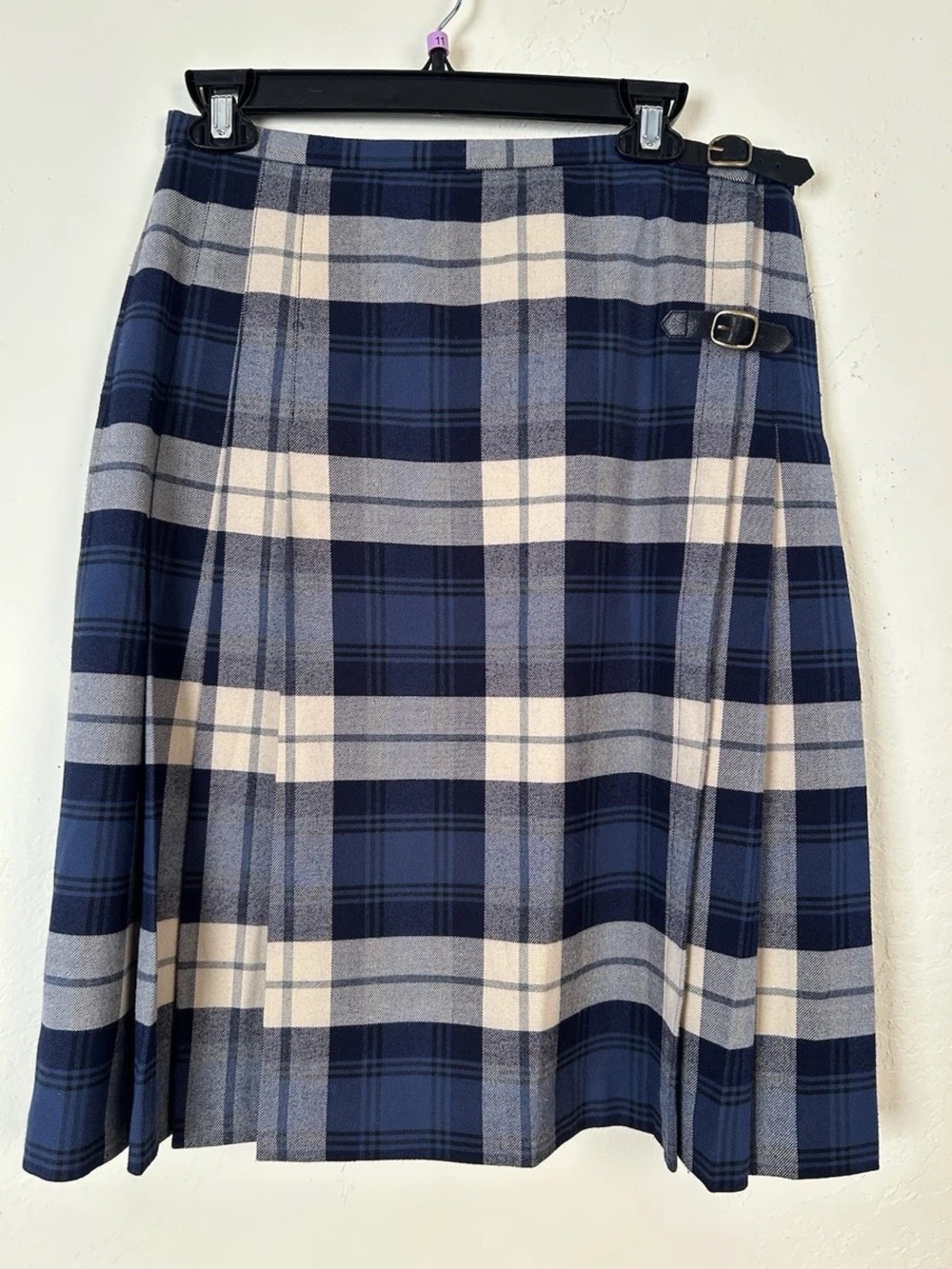 Eddie Bauer Vintage Blue Plaid Pleated Buckle Skirt Size 4